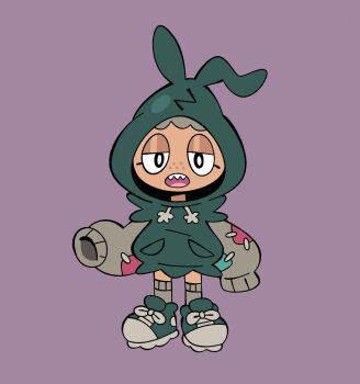 1girl absurdres billspooks dark-skinned_female dark_skin drawstring freckles full_body gen_5_pokemon green_hood green_hoodie green_shoes grey_hair grey_sleeves half-closed_eyes highres hood hood_up hoodie long_sleeves looking_at_viewer multicolored_hoodie nintendo no_pants open_mouth oversized_clothes patch patchwork_clothes personification pokemon pokemon_(creature) rags sharp_teeth shoelaces shoes simple_background sleeves_past_fingers sleeves_past_wrists sneakers socks solo standing teeth trash_bag trubbish
