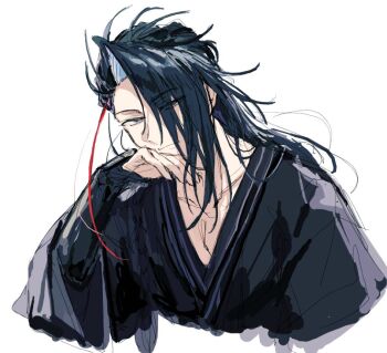 Rule 34 | 1boy, black hair, black kimono, closed mouth, commentary request, eyes visible through hair, fate/grand order, fate (series), hair over one eye, hand on own chin, hand up, head rest, japanese clothes, kimono, kondou isami, kondou isami (white kotetsu) (fate), long hair, long sleeves, looking at viewer, male focus, multicolored hair, pectoral cleavage, pectorals, red hair, simple background, sketch, solo, streaked hair, two-tone hair, tyoookozuki, upper body, white background, wide sleeves, yellow eyes
