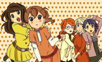 5girls aroma_reinford bad_id bad_pixiv_id blush chibi christmas dress female_focus flora_reinhold holidays katia_anderson level-5 merry_christmas multiple_girls professor_layton purple_hair emmy_altava short_hair smile tagme
