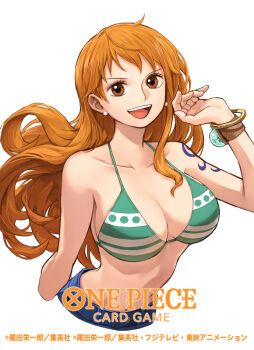 1girl arm_tattoo bikini bikini_top_only bracelet breasts commentary_request copyright_name earrings eyelashes jewelry large_breasts log_pose long_hair nami_(one_piece) navel official_art one_piece one_piece_card_game open_mouth orange_eyes orange_hair pearl_earrings simple_background solo swimsuit tattoo upper_body uroko_(mnr) white_background