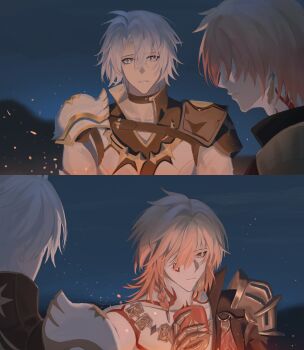 2boys antenna_hair arm_tattoo armor black_choker black_coat black_shirt blonde_hair blue_eyes braid chengshi84969 chest_tattoo chinese_commentary choker clawed_gauntlets coat commentary_request cup earrings facial_tattoo gold_earrings gold_necklace gradient_hair highres holding holding_cup honkai:_star_rail honkai_(series) jewelry looking_at_another male_focus medium_hair multicolored_hair multiple_boys mydei_(honkai:_star_rail) neck_tattoo necklace night open_clothes open_coat outdoors parted_bangs parted_lips pauldrons phainon_(honkai:_star_rail) red_hair red_tattoo shirt short_hair shoulder_armor side_braid single_pauldron sky sun_symbol sun_tattoo tan tattoo white_coat white_hair yaoi yellow_eyes