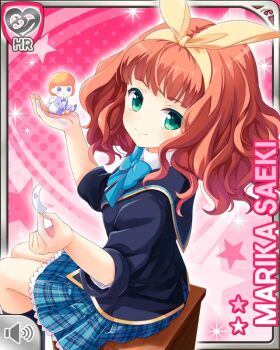 1girl bench blue_bow blue_jacket bow button character_name closed_mouth curly_hair girlfriend_(kari) green_eyes hair_bow hair_over_shoulder holding holding_toy jacket looking_at_viewer medium_hair nurse official_art pink_background plaid_clothes plaid_skirt qp:flapper red_hair ribbon saeki_marika school_uniform shirt sitting skirt smile standing stuffed_toy tagme toy white_shirt wooden_bench yellow_ribbon