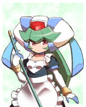 1girl apron black_dress border breasts broom collarbone cowboy_shot dress forehead_jewel green_background green_hair helmet highres holding holding_broom long_hair magonzuhamiti maid mega_man_(series) mega_man_zx model_w_(mega_man) pandora_(mega_man) red_eyes simple_background small_breasts solo white_apron white_border white_helmet