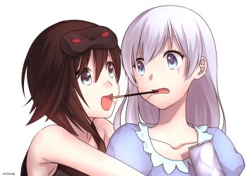 2girls artist_name blue_eyes brown_hair candy_wrapper collarbone eye_mask food food_in_mouth grey_eyes hair_between_eyes hair_down hug kio_rojine long_hair mask multiple_girls nightgown open_mouth pajamas pink_pajamas pocky pocky_in_mouth ruby_rose rwby scar scar_across_eye scar_on_face short_hair tank_top weiss_schnee white_background white_hair