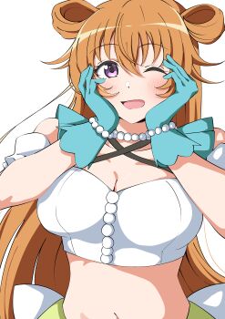 1girl ;d absurdres bare_shoulders blue_gloves breasts cleavage commentary criss-cross_halter daydream_mermaid gloves hair_between_eyes hair_horns halterneck hands_on_own_cheeks hands_on_own_face highres konoe_kanata large_breasts looking_at_viewer love_live! love_live!_nijigasaki_high_school_idol_club love_live!_nijigasaki_high_school_idol_club_the_movie_-_finale navel one_eye_closed open_mouth purple_eyes short_sleeves simple_background smile solo stomach uchuu_no_mozuku upper_body white_background