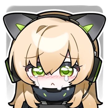 Rule 34 | 1girl, :<, animal ear headphones, animal ears, artist request, blonde hair, cat ear headphones, cat ears, fake animal ears, furrowed brow, girls' frontline, girls' frontline 2: exilium, green eyes, harpsy (girls' frontline 2), headphones, looking at viewer, lowres, official art, second-party source, solo, tearing up, tmp (girls' frontline)