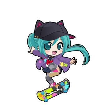 Rule 34 | 1girl, :d, animal ears, animal hat, aqua eyes, aqua hair, baseball cap, black hat, black outline, blue sailor collar, blue skirt, blush, bow, bowtie, cat hat, chibi, chibi only, fake animal ears, full body, game asset, grey thighhighs, hair between eyes, hat, hatsune miku, hatsune miku graphy collection, hood, hood down, hooded jacket, jacket, long hair, looking at viewer, open clothes, open jacket, open mouth, outline, pink shoes, pleated skirt, ponytail, purple jacket, red bow, red bowtie, sailor collar, school uniform, serafuku, shirt, shoes, skateboarding, skirt, smile, sneakers, solo, splatter print, striped clothes, striped thighhighs, thighhighs, transparent background, very long hair, vocaloid, white shirt