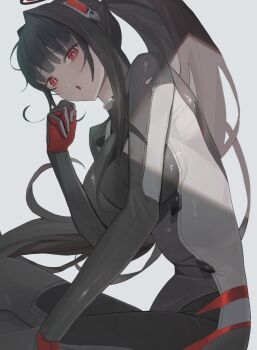 1girl :o black_bodysuit black_hair blue_archive blunt_bangs bodysuit breasts bright_pupils commentary_request hair_intakes halo headgear high_ponytail highres large_breasts long_hair looking_at_viewer ne.corn official_alternate_costume ponytail red_eyes ringed_eyes rio_(armed)_(blue_archive) rio_(blue_archive) simple_background solo very_long_hair white_background white_pupils