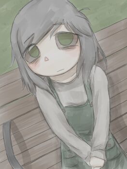 Rule 34 | 1girl, absurdres, bench, blush, buttons, closed mouth, collarbone, from above, grass, green eyes, green overalls, grey hair, grey sweater, highres, looking at viewer, mentha (menthalovely), mint (menthalovely), original, overalls, own hands together, short hair, sitting, solo, sweater