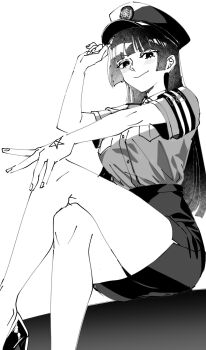 1girl blush closed_mouth collared_shirt commentary_request crossed_legs feet_out_of_frame fructua_kk hand_on_own_knee hand_tattoo hat high_heels highres long_hair looking_at_viewer peaked_cap protagonist_2_(housamo) shirt simple_background sitting sketch skirt smile solo star_(symbol) tattoo tokyo_houkago_summoners white_background