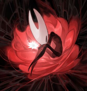 1girl black_eyes black_skin cloak colored_skin completely_nude darkdog everbloom_(hollow_knight) flower full_body half-closed_eyes hashtag-only_commentary highres hollow_eyes hollow_knight hollow_knight:_silksong hornet_(hollow_knight) mask nude red_cloak red_flower solo white_mask