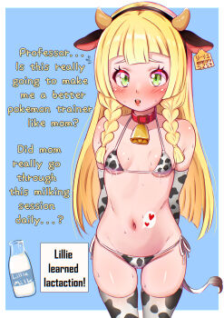 1girl absurdres animal_ears animal_print bare_shoulders bdsm bell bikini blonde_hair blush bottle braid braided_sidelocks breasts collar cow_ears cow_horns cow_print cow_print_bikini cow_tail cowbell doroogaki elbow_gloves english_text gloves green_eyes highres horns lactation lillie_(pokemon) loli long_hair looking_at_viewer milk milk_bottle navel nintendo open_mouth pet_play pokemon pokemon_sun_and_moon print_bikini sidelocks slave small_breasts solo sweat swimsuit tail thighhighs thighs white_gloves white_thighhighs
