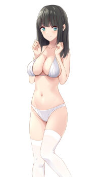1girl absurdres bikini black_hair blue_eyes blunt_bangs breasts cleavage collarbone commentary_request cowboy_shot highres large_breasts long_hair looking_at_viewer marui_koishi md5_mismatch navel original resolution_mismatch revision simple_background smile solo standing swimsuit thighhighs white_background white_bikini white_thighhighs