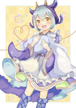 Rule 34 | 1girl, absurdres, apron, aqua hair, blue boots, blue hair, blue kimono, blush, boots, commentary, dragon girl, dragon horns, dragon tail, duel monster, eastern dragon horns, english commentary, frilled apron, frills, hair between eyes, highres, holding, holding pillow, horns, japanese clothes, kimono, laundry dragonmaid, long sleeves, looking at viewer, maid, maid apron, open mouth, pillow, short twintails, smile, solo, tail, twintails, wa maid, white apron, yamabuki humi, yellow eyes, yu-gi-oh!