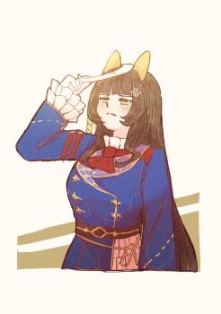 1girl ahoge animal_ears ascot b0tam0chi3 black_hair blue_jacket blunt_bangs blush buttons calstone_light_o_(one_true_path)_(umamusume) calstone_light_o_(umamusume) cropped_torso double-breasted ear_covers gloves highres hime_cut horse_ears horse_girl jacket long_hair long_sleeves looking_at_viewer pronghorn red_ascot shirt striped_hair umamusume white_gloves white_hair white_shirt yellow_eyes