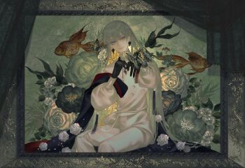 Rule 34 | 1other, absurdres, androgynous, bug, butterfly, butterfly on hand, colored inner hair, commentary request, earrings, enkidu (celebratory attire) (fate), enkidu (fate), fate/grand order, fate (series), feet out of frame, fish, flower, flying fish, gloves, goldfish, green eyes, green hair, hair between eyes, highres, insect, jewelry, long hair, long sleeves, looking at viewer, multicolored hair, other focus, painting (object), pants, picture frame, shirt, sitting, smile, solo, white shirt, yitianfengyue