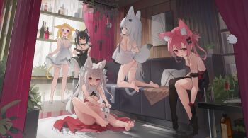 5girls absurdres animal_ear_fluff animal_ears ariake_(azur_lane) ass azur_lane barefoot black_dress black_gloves black_hair black_thighhighs blonde_hair blue_eyes bottomless bow bow_panties breasts cat_ears cat_girl cat_tail cleavage clothes_lift convenient_censoring convenient_leg couch curtains dog_ears dog_girl dress dress_lift dressing feet fox_ears fox_girl fox_tail gloves hatsushimo_(azur_lane) highres huge_filesize indoors kasumi_(azur_lane) kasumi_1118 kneeling leaning_forward legs lifting_own_clothes loli long_hair loose_thighhigh multiple_girls navel no_panties open_mouth panties pink_hair red_eyes shigure_(azur_lane) shoes single_thighhigh sitting smile soles standing tail thighhighs thighs toes twintails underwear unworn_panties white_dress white_hair white_panties white_shoes white_thighhighs yuudachi_(azur_lane)