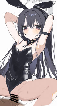 1boy 1girl alternate_costume alternate_hairstyle animal_ear_hairband animal_ears armlet armpits arms_behind_head arms_up bar_censor black_choker black_eyes black_hair black_leotard blue_archive blush breasts butterfly_ornament censored choker closed_mouth clothing_aside commentary_request cowgirl_position fake_animal_ears fake_tail girl_on_top grey_halo hair_between_eyes hair_over_shoulder hairband halo hetero highleg highleg_leotard highres jewelry kisaki_(blue_archive) leotard leotard_aside loli long_eyelashes long_hair measho motion_lines nipple_slip nipples oversized_breast_cup penis playboy_bunny pussy rabbit_ear_hairband rabbit_ears rabbit_tail sex simple_background small_breasts solo_focus squatting_cowgirl_position straddling straight_hair strapless strapless_leotard sweatdrop tail vaginal white_background