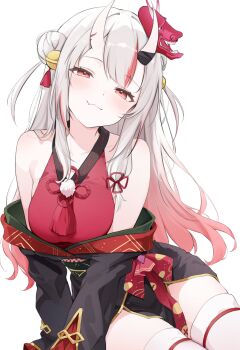 1girl :3 absurdres armpit_crease bare_shoulders bell black_kimono breasts closed_mouth fang gradient_hair hair_bell hair_bun hair_ornament hashtag-only_commentary head_tilt highres hololive horns japanese_clothes kimono kimono_partially_removed long_hair long_sleeves looking_at_viewer mask mask_on_head medium_breasts multicolored_hair nakiri_ayame nakiri_ayame_(1st_costume) nyashira off_shoulder oni_mask red_eyes red_hair red_kimono red_streaks simple_background single_side_bun sitting sleeveless sleeveless_kimono smile solo streaked_hair tassel thighhighs two_side_up virtual_youtuber white_background white_hair white_thighhighs
