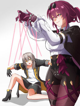 2girls absurdres akari_noragu black_footwear black_jacket black_shorts black_skirt breasts cowboy_shot gloves grey_hair high_heels highres honkai:_star_rail honkai_(series) jacket medium_breasts miniskirt multiple_girls open_clothes open_jacket pantyhose pantyhose_under_shorts ponytail puppet_strings purple_eyes purple_gloves purple_hair shirt short_hair short_shorts short_sleeves shorts skirt smile standing stelle_(honkai:_star_rail) thighs trailblazer_(honkai:_star_rail) white_shirt yellow_eyes