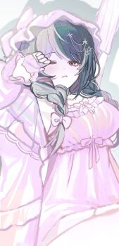 Rule 34 | 1girl, :<, absurdres, black hair, bow, braid, breasts, closed mouth, coat, commentary, english commentary, frilled nightgown, grey hair, hair bow, hair ornament, hat, highres, hololive, hololive english, large breasts, light blush, long hair, looking at viewer, low twin braids, multicolored hair, nightgown, noa (aeru studio), official alternate costume, official alternate hairstyle, one eye closed, open clothes, open coat, pink bow, pink coat, pink hat, pink nightgown, rubbing eyes, shiori novella, shiori novella (sleepwear), sleepwear, solo, split-color hair, star (symbol), star hair ornament, twin braids, two-tone hair, yellow eyes