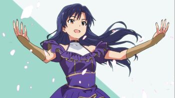 Rule 34 | 1girl, anime coloring, blue dress, blue hair, breasts, brown eyes, commentary request, dress, falling petals, floating hair, green background, hands up, highres, idolmaster, idolmaster (classic), kisaragi chihaya, long hair, open mouth, petals, simple background, small breasts, solo, two-tone background, upper body, washu junkyu, white background