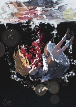 1girl aihara-rina apron asphyxiation black_shoes black_skirt black_vest blonde_hair bow chinese_commentary commentary_request dated drowning flower frilled_apron frilled_bow frills full_body highres holding holding_bow_(ornament) kirisame_marisa long_hair looking_up mary_janes no_headwear open_mouth parted_lips puffy_short_sleeves puffy_sleeves red_bow red_flower shoes short_sleeves signature skirt socks solo touhou underwater vest water white_apron white_socks