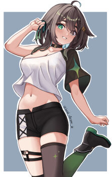 1girl ahoge asymmetrical_legwear black_boots black_capelet black_choker black_shorts black_thighhighs blue_hair boots braid breasts brown_eyes brown_hair capelet choker cleavage colored_inner_hair cowboy_shot cross-laced_clothes cross-laced_shorts cross-shaped_pupils foot_up gradient_legwear gradient_thighhighs green_eyes green_ribbon green_thighhighs grey_background hair_flaps hair_ornament hair_ribbon half_capelet hand_up heterochromia highres chromashift isai_salazar medium_hair meica_(vtuber) meica_(vtuber)_(1st_costume) midriff mismatched_pupils multicolored_hair navel o-ring o-ring_thigh_strap outline outside_border over-kneehighs ribbon shirt shorts single-shoulder_shirt single_braid skindentation solo sprout-shaped_pupils star_(symbol) star_hair_ornament stomach symbol-shaped_pupils thigh_strap thighhighs twitter_username uneven_legwear virtual_youtuber white_boots white_outline white_shirt