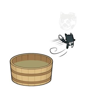 animal_ears barrel body_fur cat cat_ears cat_tail commentary_request dungeon_meshi fleeing from_behind highres izutsumi korean_commentary mayo_(mayo88meshi) panties running simple_background tail two-tone_fur underwear water white_background white_panties