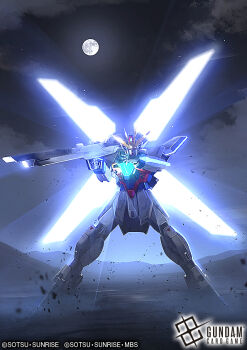 after_war_gundam_x commentary_request copyright_logo copyright_name copyright_notice full_moon glowing glowing_eyes gundam gundam_card_game gundam_x holding_cannon humanoid_robot logo mecha mobile_suit moon night no_humans official_art outdoors robot satellite_cannon science_fiction serike_w shoulder_cannon solo v-fin