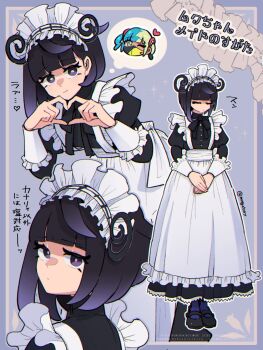 alternate_costume apron black_dress black_mask blonde_hair bob_cut canari_(pokemon) closed_eyes closed_mouth dark-skinned_female dark_skin dress enmaided frilled_apron frills gwynn_(pokemon) heart heart_hands highres long_sleeves looking_at_viewer maid maid_apron maid_headdress mask mogutory mouth_mask multicolored_hair nintendo one_eye_closed pokemon pokemon_legends:_z-a puffy_sleeves purple_eyes purple_hair short_hair split-color_hair two-tone_mask white_apron yellow_mask