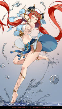 1girl anklet arm_up bare_legs bare_shoulders blue_nails blunt_bangs blush bracer breasts circlet closed_eyes club3 crop_top dancer dancing detached_sleeves fanbox_username feet floating_hair forehead_jewel full_body genshin_impact gold_trim harem_outfit highres horns jewelry large_breasts leg_up legs long_sleeves nail_polish nilou_(genshin_impact) paid_reward_available parted_bangs parted_lips patreon_username puffy_long_sleeves puffy_sleeves red_hair sideboob skirt smile solo standing standing_on_one_leg stomach tiptoes toenail_polish toenails toes twintails vambraces veil vision_(genshin_impact) water water_drop watermark web_address white_headwear white_veil