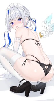 1girl amane_kanata ass bare_shoulders bikini blue_hair blush butt_crack crouching elbow_gloves embarrassed from_behind gloves headdress long_hair looking_at_viewer multicolored_hair open_mouth purple_eyes solo swimsuit thighhighs tojo_aoi twintails two-tone_hair very_long_hair virtual_youtuber wings