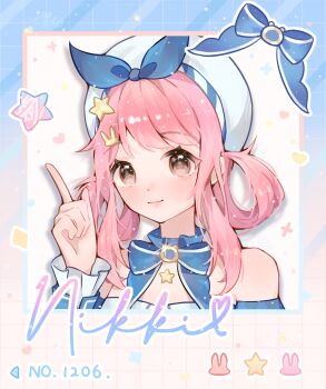 Rule 34 | 1girl, bare shoulders, beret, blue border, blue bow, blue bowtie, blue choker, blue sleeves, blue wrist cuffs, blush, border, bow, bow choker, bowtie, brooch, brown eyes, bubbly voyage (infinity nikki), character name, chinese commentary, choker, closed mouth, collared shirt, commentary request, detached sleeves, dot nose, eyelashes, frilled choker, frilled wrist cuffs, frills, glint, gradient border, grid border, hair ornament, hairclip, happy, hat, hat bow, heart, heart background, highres, infinity nikki, jewelry, lanlan zhi jiabing, light particles, lipstick, looking at viewer, makeup, nikki (nikki), nikki (series), orange border, pink lips, pointing, pointing up, polaroid photo, rabbit, rabbit hair ornament, shirt, smile, solo, sparkle, sparkling eyes, star (symbol), star choker, star hair ornament, strapless, strapless shirt, striped border, tareme, two-tone border, upper body, whimstar (infinity nikki), white background, white hat, wrist cuffs