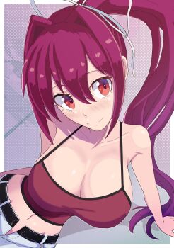 1girl absurdres aohadapeach belt black_belt blush breasts cleavage collarbone commentary crop_top hair_intakes hair_ribbon highres large_breasts long_hair midriff navel open_fly pants ponytail purple_hair red_eyes red_tank_top ribbon smile solo spaghetti_strap tank_top under_night_in-birth very_long_hair white_pants yuzuriha_(under_night_in-birth)