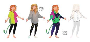 1girl black_pants black_shirt blue_pants dated full_body greekceltic green_shirt grey_shirt highres jacky_(greekceltic) long_sleeves medium_hair multiple_persona orange_hair outstretched_arms pants pink_shirt print_pants print_shirt shirt short_sleeves signature simple_background tail yellow_shirt