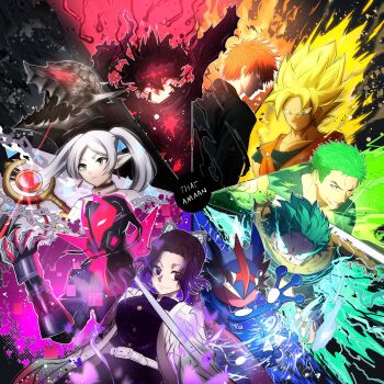 2girls armor artist_name ash-greninja asta_(black_clover) aura bankai belt berserk berserker_armor black_clover black_hair bleach blonde_hair boku_no_hero_academia chain clawed_gauntlets collarbone collared_jacket color_wheel_challenge dark_aura demon_slayer_uniform dougi dragon_ball earrings elf empty_eyes facial_mark frieren gas_mask gen_6_pokemon glowing glowing_eyes green_eyes green_hair greninja grey_eyes guts_(berserk) hair_ornament haori headband helmet highres holding holding_staff holding_sword holding_weapon hydrokinesis jacket japanese_clothes jewelry kimetsu_no_yaiba kochou_shinobu kurosaki_ichigo looking_at_viewer marvel mask midoriya_izuku miles_g._morales multiple_boys multiple_drawing_challenge multiple_girls nintendo one_eye_closed one_piece orange_eyes orange_hair pointy_ears pokemon pokemon_(anime) pokemon_(creature) pokemon_xy_(anime) prowler_(marvel) purple_eyes purple_hair red_eyes roronoa_zoro scar scar_across_eye scar_on_face scarf smile son_goku sousou_no_frieren spider-man:_across_the_spider-verse spider-man_(series) spider-verse spiked_hair staff super_saiyan super_saiyan_1 superhero_costume sword thatamaan twintails water weapon white_belt