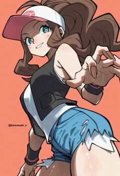 1girl absurdres aqua_eyes bare_shoulders baseball_cap black_vest blue_shorts bright_pupils brown_hair commentary cutoffs denim denim_shorts grin hat highres hilda_(pokemon) komatsuki_n long_hair nintendo orange_background pokemon pokemon_bw short_shorts shorts simple_background smile solo tank_top vest white_hat white_pupils white_tank_top wristband