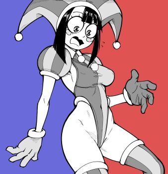 1girl absurdres asymmetrical_gloves bb_(baalbuddy) blush_stickers breasts covered_erect_nipples covered_navel gloves hat hat_bell highleg highleg_leotard highres jester jester_cap jester_costume leotard medium_breasts mismatched_gloves multicolored_hat pomni_(the_amazing_digital_circus) puffy_sleeves short_hair short_sleeves solo striped_clothes striped_headwear the_amazing_digital_circus thighhighs vertical-striped_clothes vertical-striped_headwear