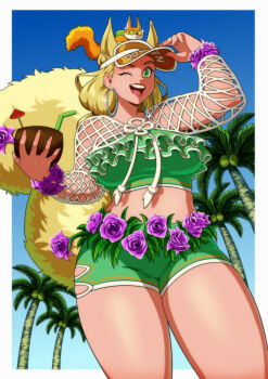 1girl animal animal_ears animal_on_head bikini bikini_shorts blonde_hair breasts brown_tail coconut coconut_cup coconut_tree earrings green_eyes highres hoop_earrings jewelry kitsune23star large_breasts marvel marvel_rivals official_alternate_costume official_alternate_hairstyle on_head one_eye_closed palm_tree shorts shrug_(clothing) smile squirrel squirrel_ears squirrel_girl squirrel_girl_(marvel) squirrel_girl_(sunshine_squirrel)_(marvel) squirrel_tail swimsuit tail tippy-toe tree visor_cap