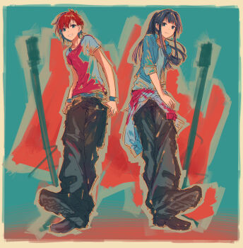 2girls absurdres aqua_background black_hair black_pants black_shoes blue_jacket border brown_border cardigan cardigan_around_waist closed_mouth clothes_around_waist collarbone collared_jacket commentary full_body grin highres idolmaster idolmaster_million_live! idolmaster_million_live!_theater_days jacket julia_(idolmaster) long_hair looking_at_viewer mogami_shizuka multiple_girls open_clothes open_jacket pants ponytail red_hair revision shirt shoes short_hair short_sleeves sidelocks smile standing t-shirt thumb_in_pocket yukitake_(bullfalk)