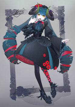 absurdres alternate_costume alternate_eye_color black_dress blue_hair commentary_request dress flower full_body goat_girl goat_horns hair_flower hair_ornament hand_up hatsune_miku highres horizontal_pupils horns kinosuke_(pattaba) long_hair long_sleeves open_mouth red_flower standing twintails very_long_hair vocaloid yellow_eyes