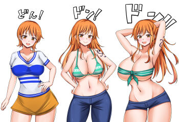 1girl alternate_hairstyle breasts evolution highres large_breasts long_hair looking_at_viewer nami_(one_piece) nami_(one_piece)_(east_blue) nami_(one_piece)_(return_to_sabaody) one_piece orange_hair short_hair simple_background smile sumari time_progression v-neck very_long_hair white_background wide_hips
