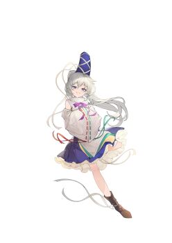 Rule 34 | 1girl, blue eyes, blue skirt, boots, brown boots, chinese commentary, commentary request, detached sleeves, devilkillerx, frilled skirt, frills, full body, grey hair, hands in opposite sleeves, hat, highres, japanese clothes, kariginu, long hair, looking at viewer, mononobe no futo, pom pom (clothes), ponytail, ribbon-trimmed sleeves, ribbon trim, skirt, smile, solo, tate eboshi, touhou, wide sleeves
