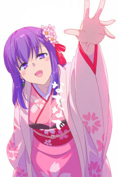 Rule 34 | 1girl, blush, breasts, commentary request, echo (circa), fate/grand order, fate (series), floral print, flower, hair flower, hair ornament, hair ribbon, japanese clothes, kasuga no tsubone (fate), kimono, long hair, long sleeves, looking at viewer, medium breasts, open mouth, parvati (fate), pink kimono, purple eyes, purple hair, red ribbon, ribbon, smile, solo, wide sleeves