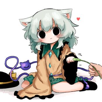 1girl animal_ears black_eyes black_hat black_shoes cat_ears commentary_request contrast_collar green_hair green_skirt hair_between_eyes hat hat_ribbon heripantomorrow holding komeiji_koishi long_sleeves looking_at_viewer pov ribbon shirt shoes skirt third_eye touhou unworn_hat unworn_headwear wide_sleeves yellow_ribbon yellow_shirt