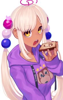 1girl ahoge bread_slice dark-skinned_female dark_skin eating food hair_bobbles hair_ornament highres holding holding_food hololive hololive_english hood hood_down hoodie limiter_(tsukumo_sana) long_hair long_sleeves looking_at_viewer open_mouth planet_hair_ornament print_hoodie purple_hoodie simple_background solo toast tsukumo_sana twintails upper_body very_long_hair virtual_youtuber white_background white_hair yatagarasu_(tsukumo_sana) yellow_eyes yoako