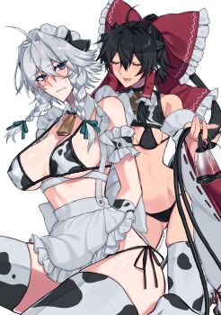 2girls absurdres angry animal_ears animal_print apron bell bikini black_hair blue_eyes bow braid breasts choker closed_eyes cow_ears cow_horns cow_print cow_print_bikini detached_collar detached_sleeves grey_hair hair_bow hair_tubes hakurei_reimu highres himadera horns izayoi_sakuya large_breasts long_hair looking_at_another maid_headdress midriff multiple_girls neck_bell ponytail print_bikini red_bow small_breasts smile swimsuit thighhighs touhou twin_braids waist_apron