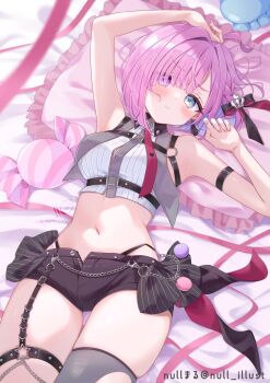 ahoge arm_strap armpits asymmetrical_legwear black_panties black_ribbon black_shorts blunt_ends blush braid chain chest_harness colored_inner_hair commentary_request crop_top cropped_vest food green_eyes hair_over_one_eye hair_ribbon harness heterochromia highleg highleg_panties highres himemori_luna himemori_luna_(streetwear) hololive lying macaron medium_hair multicolored_hair navel necktie null_maru o-ring official_alternate_costume on_back panties pillow pink_hair pink_nails purple_eyes purple_hair red_necktie ribbed_shirt ribbon shirt short_shorts shorts thigh_strap underwear vest virtual_youtuber white_shirt
