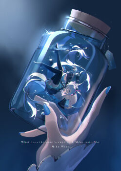 1girl absurdres aqua_eyes aqua_hair aqua_nails arm_tattoo bare_shoulders black_boots black_skirt black_sleeves boots bottle commentary_request detached_sleeves fingernails floating_hair full_body grey_shirt hair_between_eyes hair_ornament hatsune_miku headset highres holding holding_bottle in_bottle in_container in_water long_hair long_sleeves miniskirt nail_polish number_tattoo pleated_skirt shirt skirt sleeveless sleeveless_shirt tattoo thigh_boots thzskyzx twintails very_long_hair vocaloid water_bottle wide_sleeves